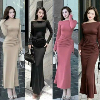 Đầm body đuôi cá dáng dài xoắn eo bụng che khuyết điểm, váy maxi thun dự tiệc, đi chơi tay dài 4 màu G904