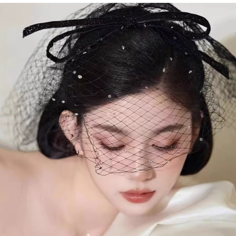Băng đô tóc lưới đen nơ, cài tóc đính đá, phụ kiện đi tiệc sang chảnh, phụ kiện chụp ảnh, băng đô lưới