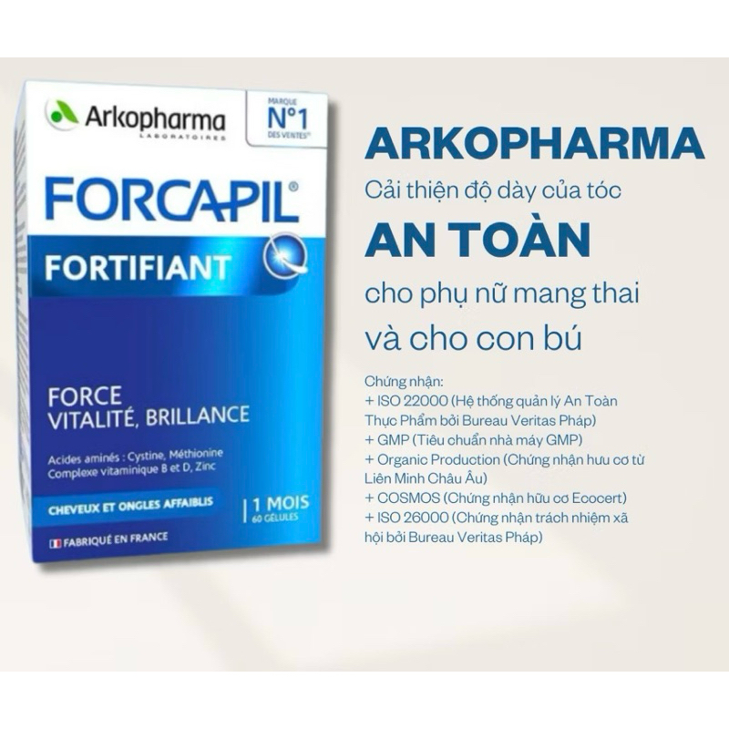 Viên uống giảm rụng tóc, tóc khỏe Arkopharma Forcapil Fortifiant 60 viên của Pháp cho cả bầu bú