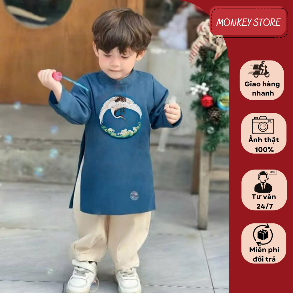 Áo Dài Cho Bé Trai Thiết Kế Thêu Bạch Hạc, áo dài cách tân hàng thiết kế 2025 Monkey kids ( không kè