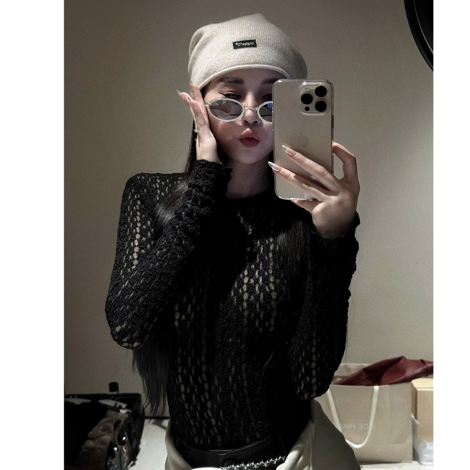  EMLYvn - Áo Ren Thêu Hoa Linh Hoàng Áo Kiểu Dài Tay Cao Cấp Áo Lưới Co Dãn 4 Chiều Sang Chảnh 