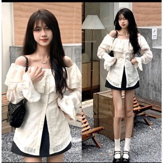 [Ảnh Thật/Video]: Set Áo Bèo Thô Trễ Vai Trắng Tay Dài Mix Chân Váy Đen Chữ A Phong Cách Hàn Quốc  (LOLLAYE) SV.129