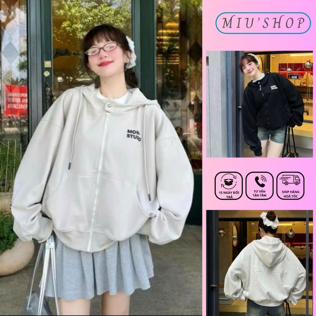Áo Khoác Hoodie BOXY Zip, Áo Khoác Nỉ Hình In Dập Nổi Mon Studio Thời Trang Thu Đông Carnation Hottr