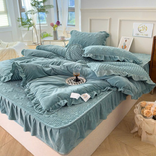 [Bán Tách] Set 4 Món Chăn Ga Gối Nỉ Tuyết Sữa Thêu Hoạ Tiết Trần Nổi Ga Chun Trần Viền Bèo Cho Đệm Dưới 30 Phân