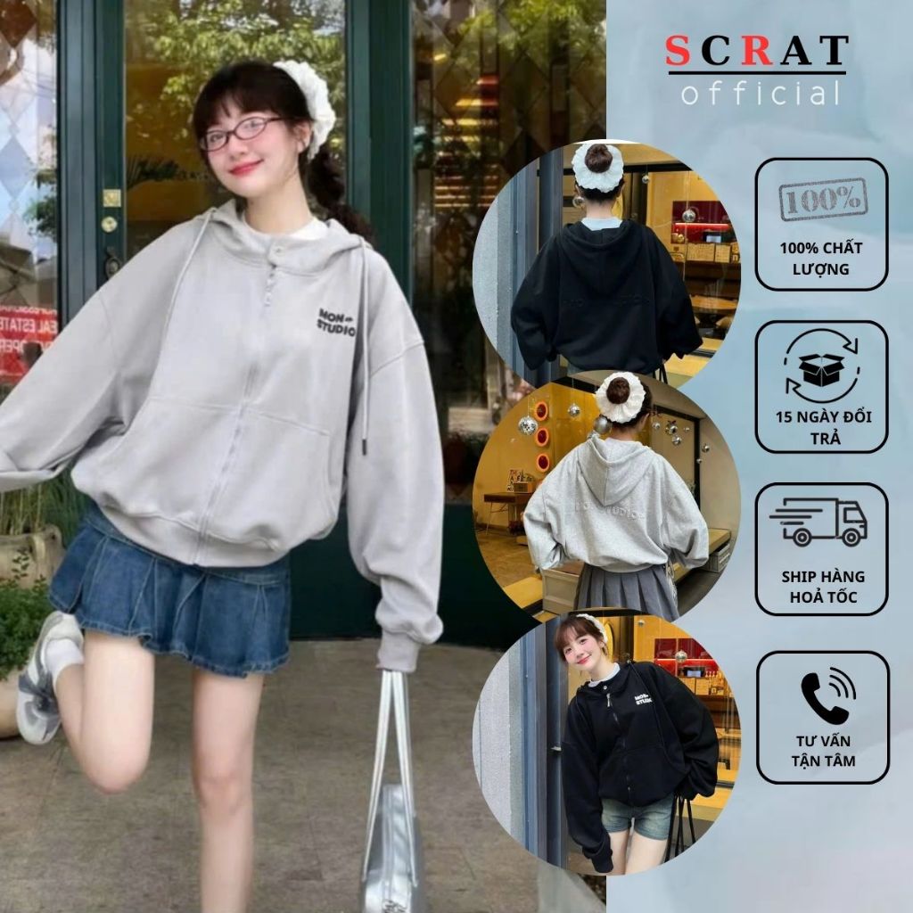 Áo Hoodie Zip Boxy Mon Studio, Áo Khoác Nỉ BOXY Dập Nổi, In Nổi Thời Trang Unisex Hottrend-SCRAT