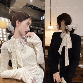 Áo dài tay len dệt kết hợp ren mềm mịn cổ thắt nơ phong cách nữ tính tiểu thư ATDT015 -Tiktik