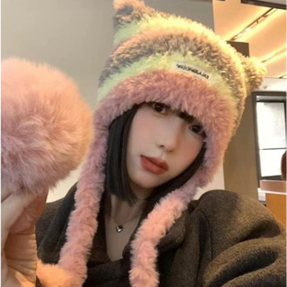 Mũ lông đội đầu kẻ sọc tai mèo thời trang nữ Hàn Quốc Y2K xinh đẹp dễ thương làm túi chéo đi chơi
