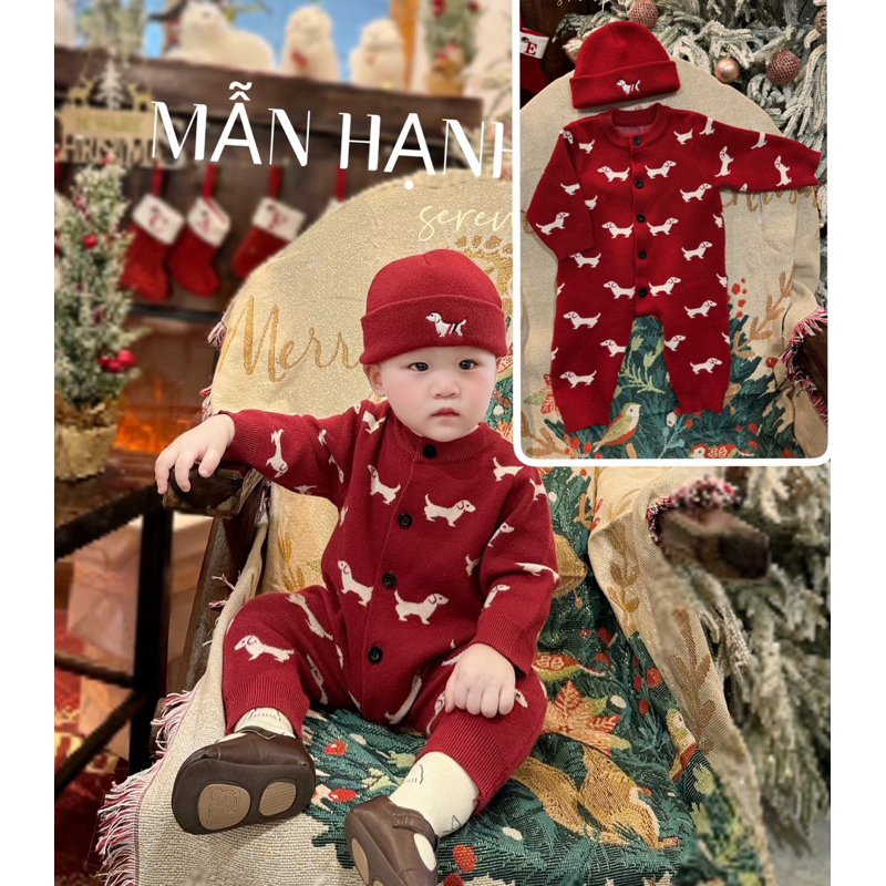 Bodysuit len chó đỏ đô [ tặng kèm mũ ] đồ bé trai mặc tết noel siêu xinh