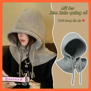 Mũ nón len đội đầu nữ 3 trong 1 kèm khăn quàng cổ xinh đa năng trùm tai mùa đông ấm màu trơn đẹp rẻ