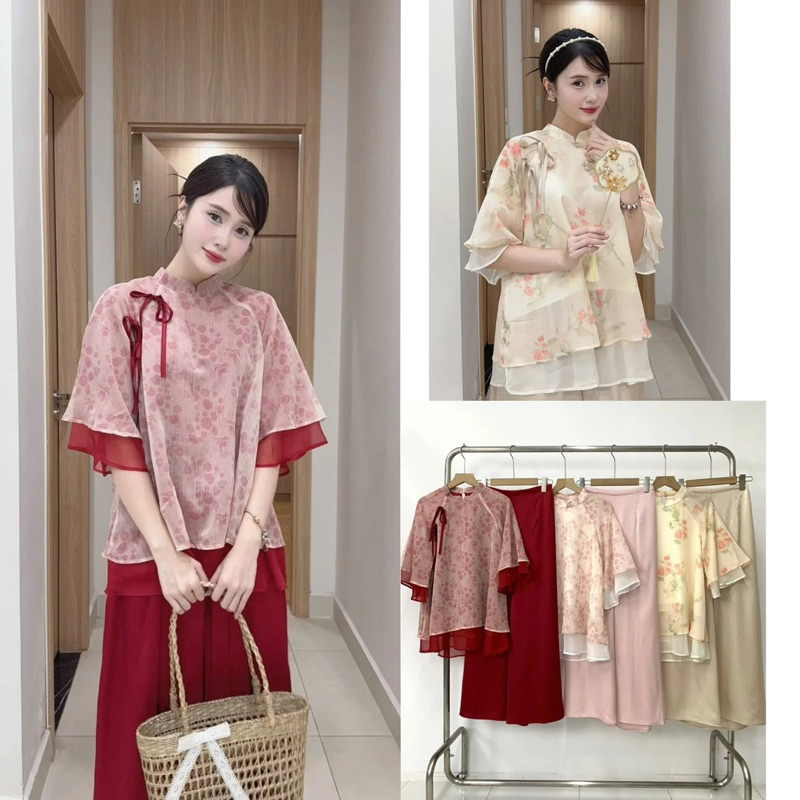 [Tết 2025]Set Bộ Cách Tân Áo Voan Tơ Hoạ Tiết Tay Bèo Thắt Nơ Tặng Kèm Quần Lụa “Linh Lang” dành cho Nữ