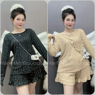 M18 Set Nữ Quần Đùi Thun Gân Tay Dài Có Bèo in Hoạ Tiết. Mặc đi chơi ở nhà đều xinh