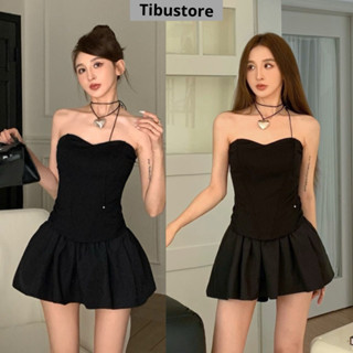 Set Áo Quây Cúp Ngực Phối Chân Váy Xoè TIBU Set Đồ Nữ Đen Đơn Giản Sang Chảnh Đi Chơi Noel Tết S220