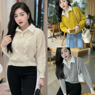 Áo len nữ tay dài cổ V vặn thừng phối sơ mi cao cấp hàng QUẢNG CHÂU dễ phối đồ phong cách HQ B1V3
