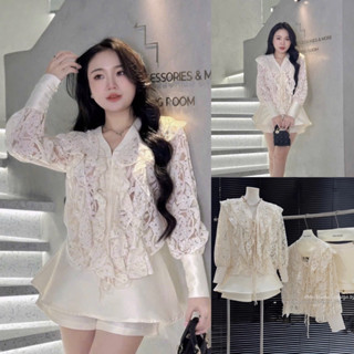 Bigsize Set áo ren hoa nổi thiết kết tay dài phối bèo kèm chân váy tafta cực sang 55-95kg