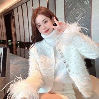 Áo Khoác Dạ Kim Sa Cổ Tròn Phối Lông Tay Áo Phong Cách Nữ Tính Điệu Đà Thời Trang Nữ Thu Đông Cao Cấp