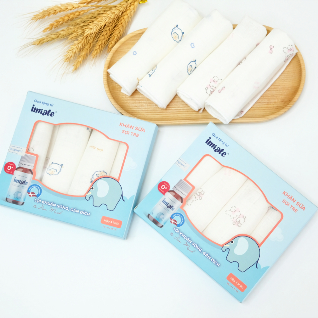 [QUÀ TẶNG] Hộp 04 khăn sữa sợi tre cao cấp cho bé IMIALE - Mềm mịn, thoáng nhẹ, thấm hút tốt