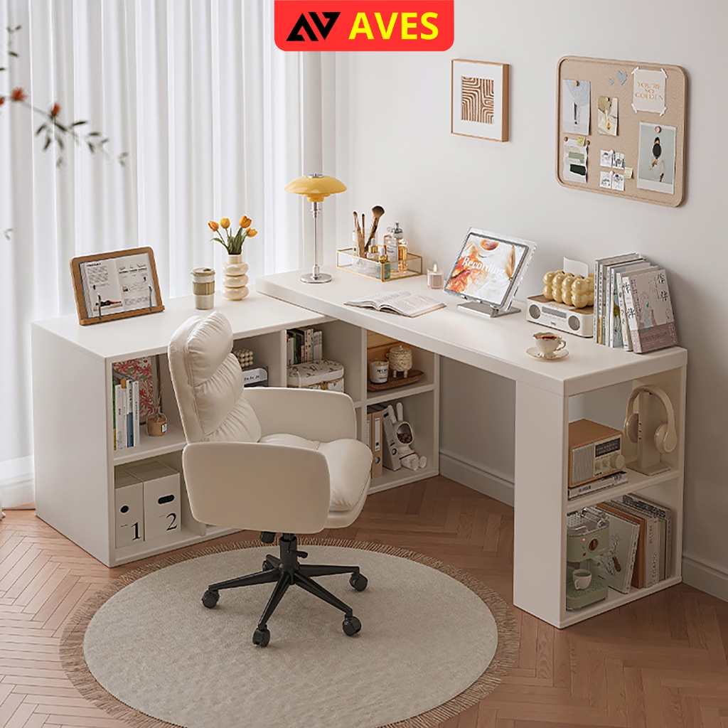 Bàn làm việc góc chữ L, Bàn học kèm kệ sách, tủ sách thông minh, thương hiệu AVES - GP368