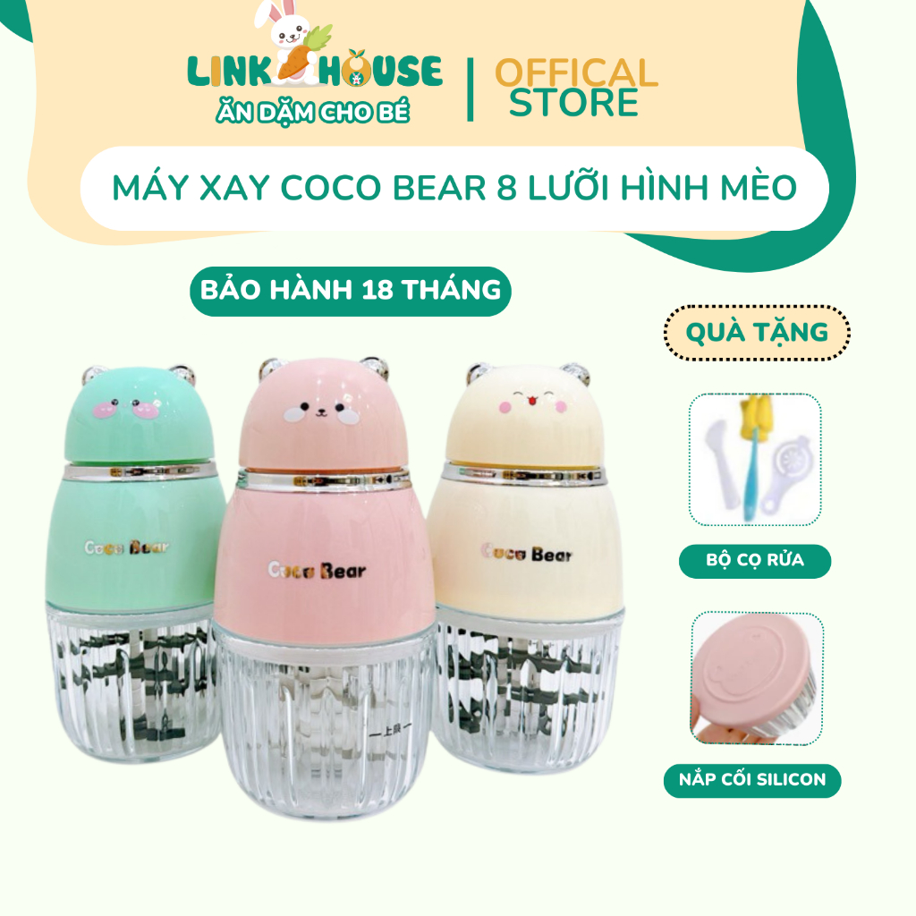 Máy Xay Ăn Dặm Coco Bear 8 Lưỡi Hình Mèo Máy Xay Cháo Thịt Rau Củ Nhuyễn Mịn Cho Bé