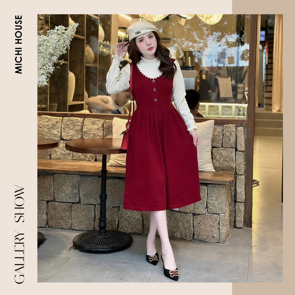 Đầm Len Suông MICHI HOUSE Váy Xuông Dài Tay Thu Đông Phong Cách Tiểu Thư Dài Qua Gối K179
