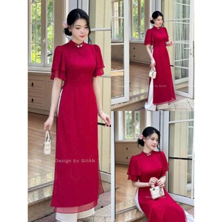 Set ÁO DÀI đỏ cách tân nữ trơn áo voan tơ 4 tà cổ trụ thiết kế in hoa tay bồng cánh tiên phối quần suông lụa sang trọng