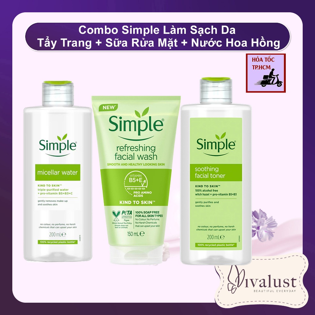 Combo 3 Simple Làm Sạch Da Gồm Nước Tẩy Trang Simple + Sữa Rửa Mặt Simple + Nước Hoa Hồng Simple 200