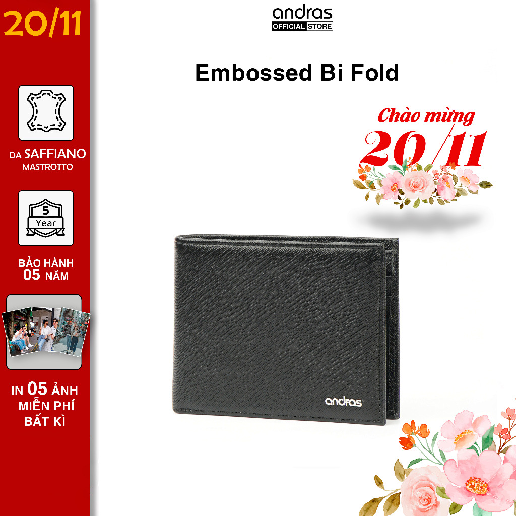 Ví nam da Saffiano Embossed Bi Fold Andras Official Store, Bóp nam cao cấp da thật nhỏ gọn mini - V11