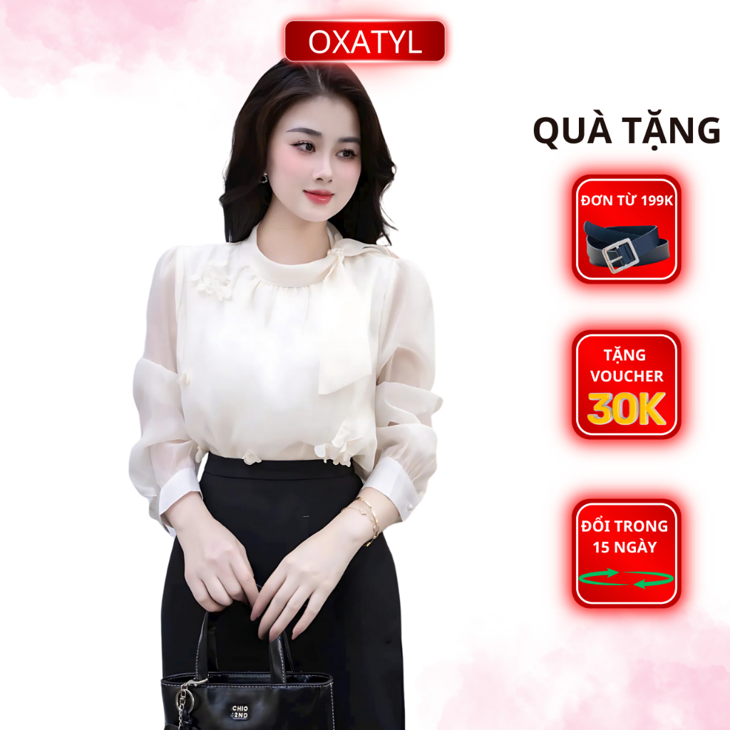 Áo công sở fom xuông cổ tròn đính nơ Oxatyl A491 thời trang xu hướng