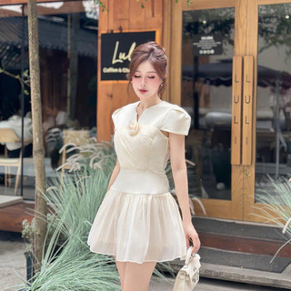 Đầm Thiết kế Nữ Xếp Ly Dáng Ngắn Cúp Ngực phối Tơ Có Quần Bảo Hộ Kèm Hoa Cài, Váy Dự Tiệc Cưới Đầm đi Chơi