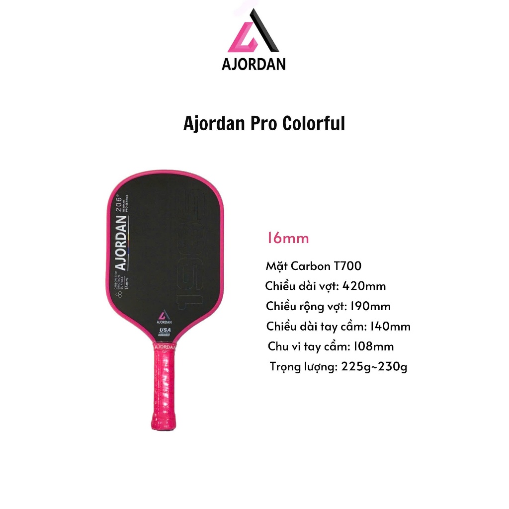 Vợt Pickleball AJordan Pro Colorful chính hãng cao cấp vợt Carbon T700
