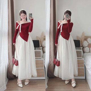 Đầm Dự Tiệc Set Váy Nữ Trễ Vai Đính Nơ Chất Vải Len Tăm Mềm Mại Chân Váy Voan Tơ 2 Lớp Phù Hợp Cho Các Nàng Đi Noel