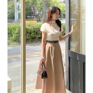 Set váy thời trang nhã nhặn lịch sự áo thun tăm cổ trụ tay ngắn phối chân váy cotton lạnh dáng xoè kèm đai