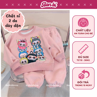 [B169] Bộ nỉ cho bé gái , hình Labubu , vải nỉ 2 da chất xịn bo ống, đồ thu đông cho bé mặc ở nhà, đi chơi