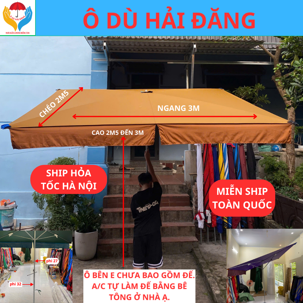 Ô Dù Mái Chéo 2m5 x3m và  2mx2m5( Không Có Đế) Ô Dù Mái Nghiêng Che Mưa Nắng Ngoài Trời.