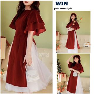 Sét Áo Dài Cách Tân Cổ Tròn Gồm Áo Dài Nhung Tăm + Chân Váy Tơ Dài Thanh Lịch - WIN