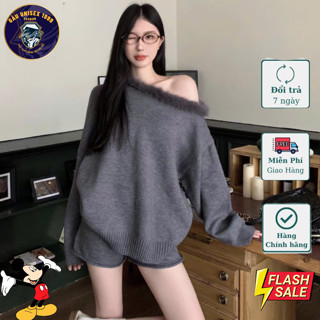  Set Nữ Xám Trễ Vai Mix Lông Quần Short Chất Len Tăm Dày Dặn Sexy Ấm Áp 