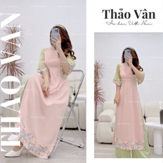 Áo Dài Cách Tân Tay Lỡ Phối Hoa Nhí Màu Hồng Xanh, Áo Dài Bách Hoa Xuân TV217 - Áo Dài Thiết Kế Thảo Vân