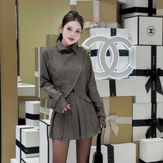 Set đồ dạ nữ tiẻu thư sang chảnh thu đông áo khoác dạ vạt chồng phá cách phối chân váy dạ xếp ly xòe xinh xắn LEVAN