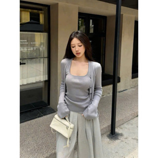 Set áo nữ Hàn Quốc Bộ áo tăm gân dài tay 2 màu xám và đen Top Women Khoác - AV