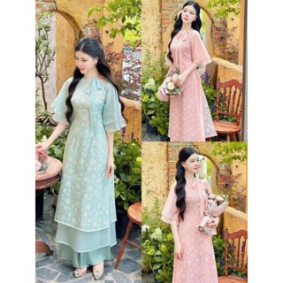 Set ÁO DÀI cách tân nữ màu sắc dịu dàng áo voan tơ in hoa 2 lớp cổ tròn cột nơ tay lỡ phối quần suông vải lụa xinh