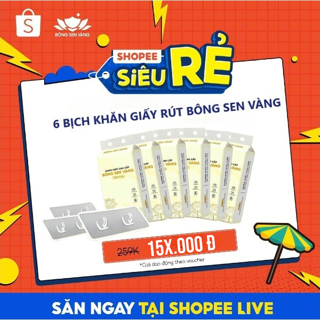[Shopee Live] Thùng 6 Bịch Khăn giấy rút Bông Sen Vàng treo tường Phiên Bản Mới (tặng 3 móc treo)