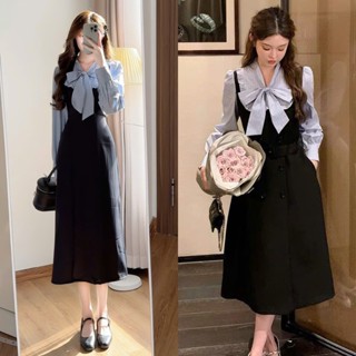 [Hàng Shop]: Váy Sơ Mi Cổ Thắt Nơ Dáng Dài Phối Kẻ Xanh Tay Bồng Công Sở (Ảnh Thật Trải Sàn) Lollaye