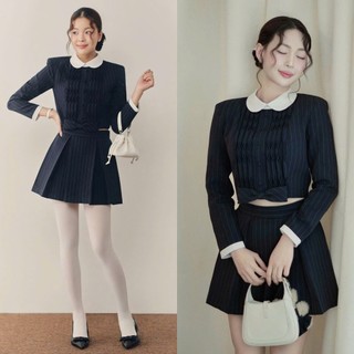 Set Áo Croptop Kẻ Xanh Than Cổ Sen Cúc Bọc Dập Sóng Ngực Nơ Eo Mix Chân Váy Xếp Ly Sang Trọng (Ảnh Thật Trải Sàn)