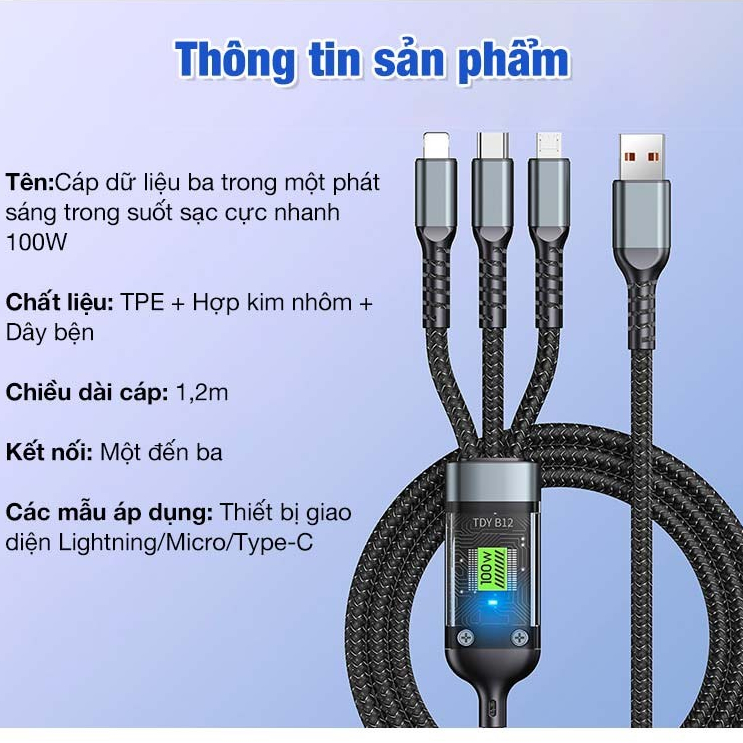 Dây sạc 100W 3 chân sạc đa năng cho điện thoại
