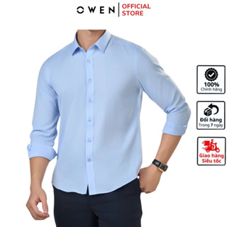 Áo Sơ Mi Nam Tay Dài Owen AS240020D màu xanh nhạt dáng slim fit tà lượn không túi chất liệu nano