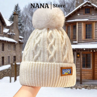 Mũ len nữ trùm đầu lót nỉ giữ ấm mùa đông NANA mũ beanie kiểu dáng dễ thương nón len nữ quả bông phụ kiện thời trang