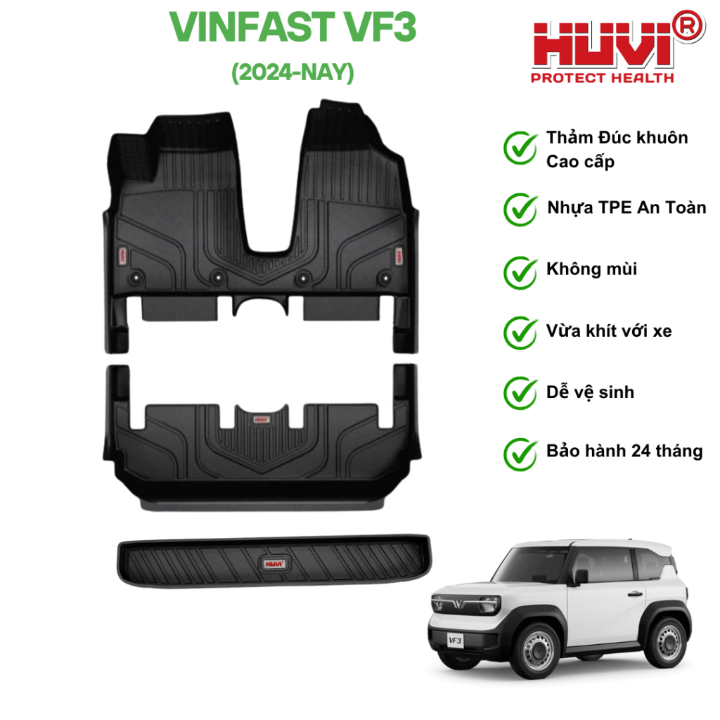   Tặng cốp  Thảm lót sàn xe Vinfast VF3 2024+ 3D tràn viền nhựa TPE không mùi Thảm đúc khuôn chính hãng HUVI Việt Nam 