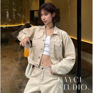 Áo khoác jean croptop màu trắng basic, khoác bò dáng ngắn màu be trà sữa dày dặn (sẵn hình thật)