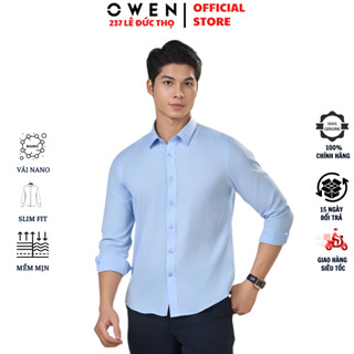 Áo sơ mi nam OWEN AS240020D somi dài tay công sở màu màu xanh nhạt họa tiết chìm dáng Slim fit tà lượn không túi