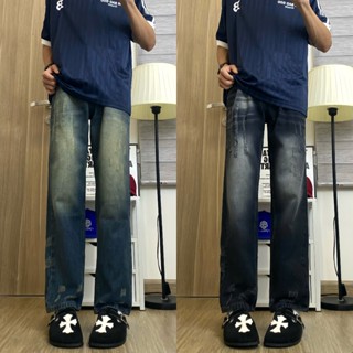 Quần Jean Nam Dáng Baggy Ống Suông Màu Xanh Retro Chất Vải Dày Dặn Phối Wash Rách Thời Trang.