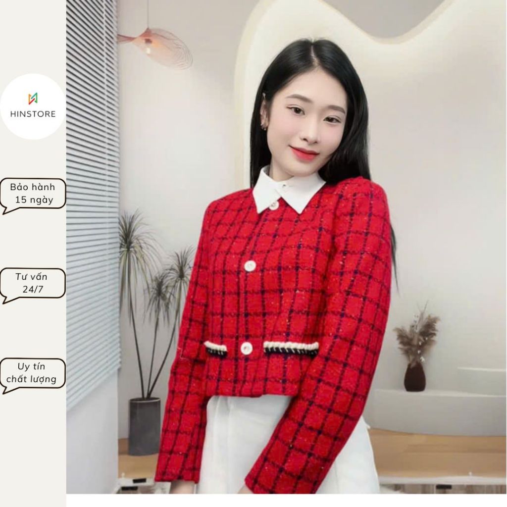 Áo dạ tweed dáng ngắn HINSTORE áo dạ tweed kiểu form lửng kẻ caro đỏ phối cổ trắng cúc đá 326